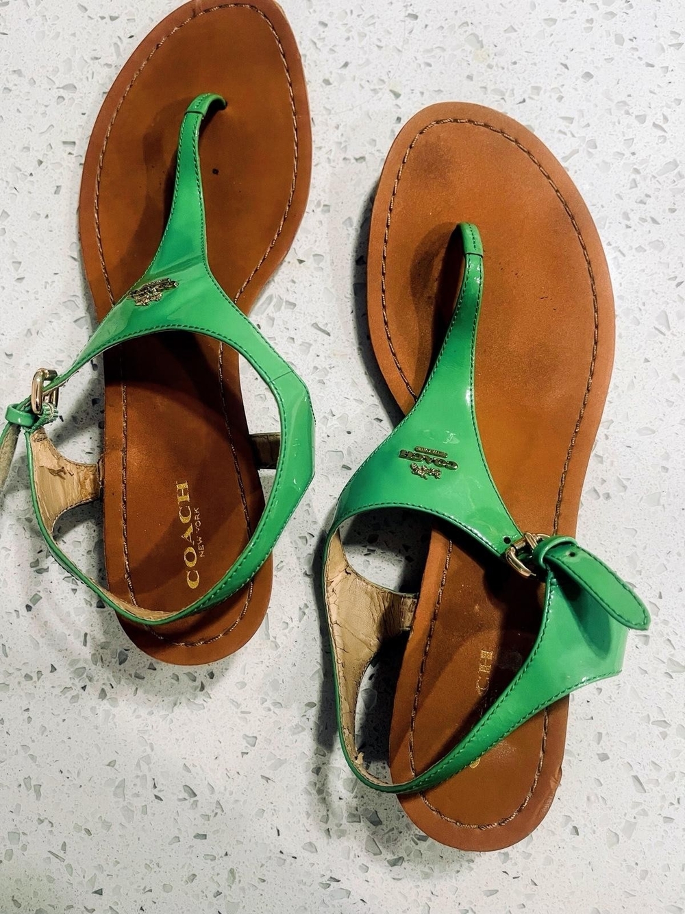 Coach Bright Green Patent Leather T-Strap Sandals with Gold Accents Size 11